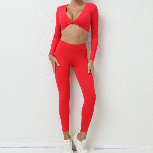 Autumn Nude Long Sleeve Yoga Suit for Women  S Red 