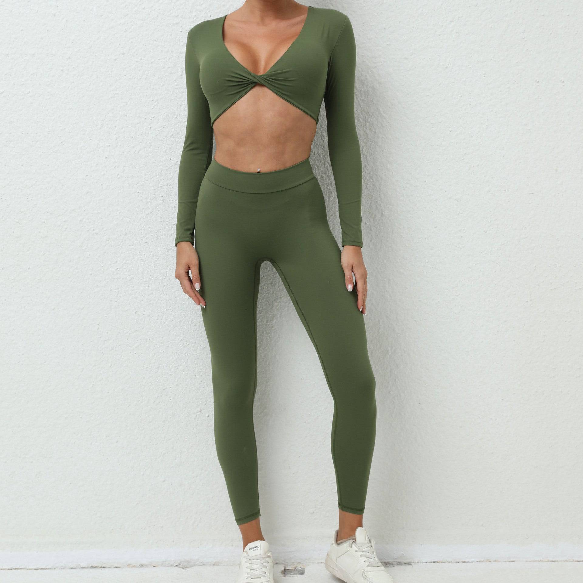 Autumn Nude Long Sleeve Yoga Suit for Women  S Army Green 