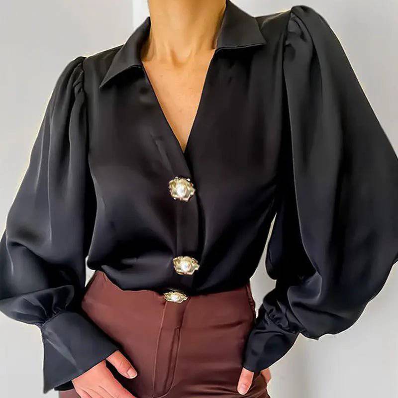 Autumn-Ready Satin Shirt with Elegant Lantern Sleeves for Women  S Black 