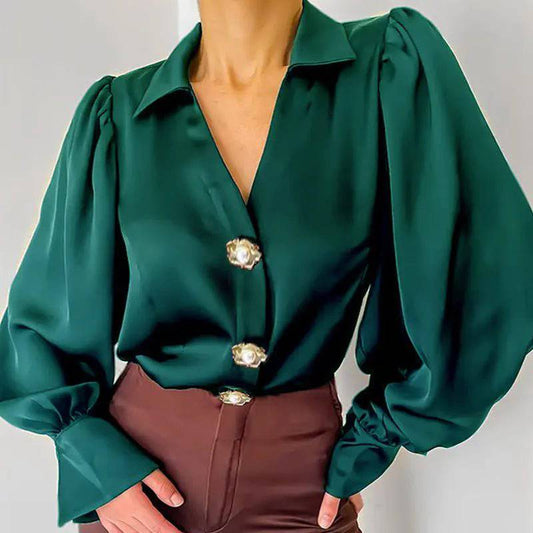 Autumn-Ready Satin Shirt with Elegant Lantern Sleeves for Women    