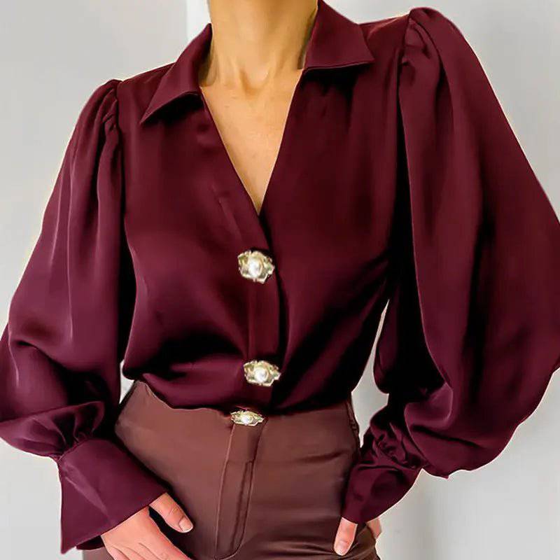 Autumn-Ready Satin Shirt with Elegant Lantern Sleeves for Women  S Burgundy 