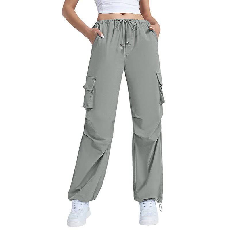 Autumn Retro Wide Leg Women's Pants with Multi-Pocket Design  XS Gray 