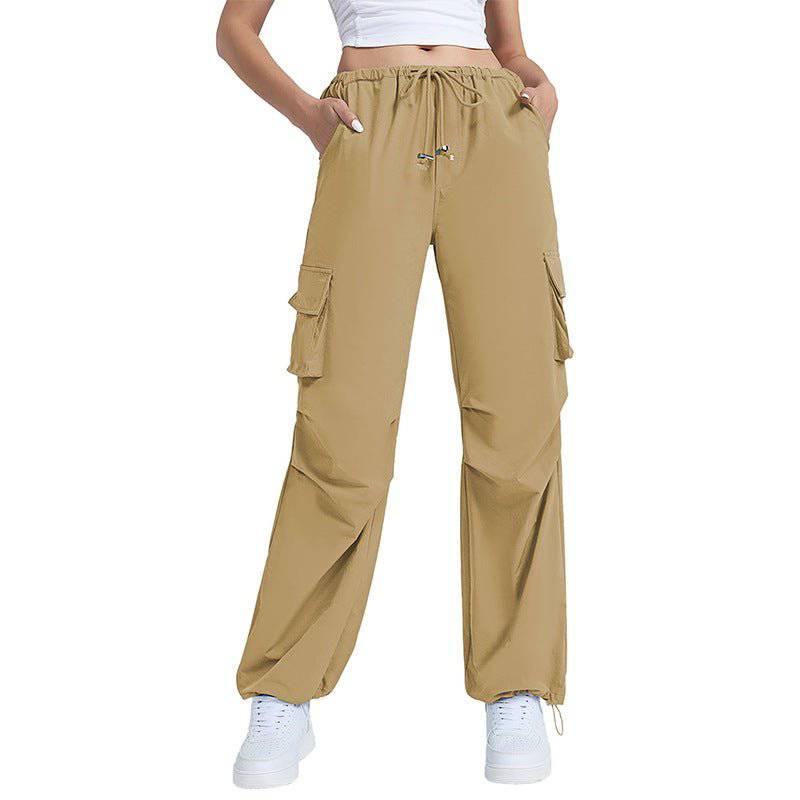 Autumn Retro Wide Leg Women's Pants with Multi-Pocket Design  XS Khaki 