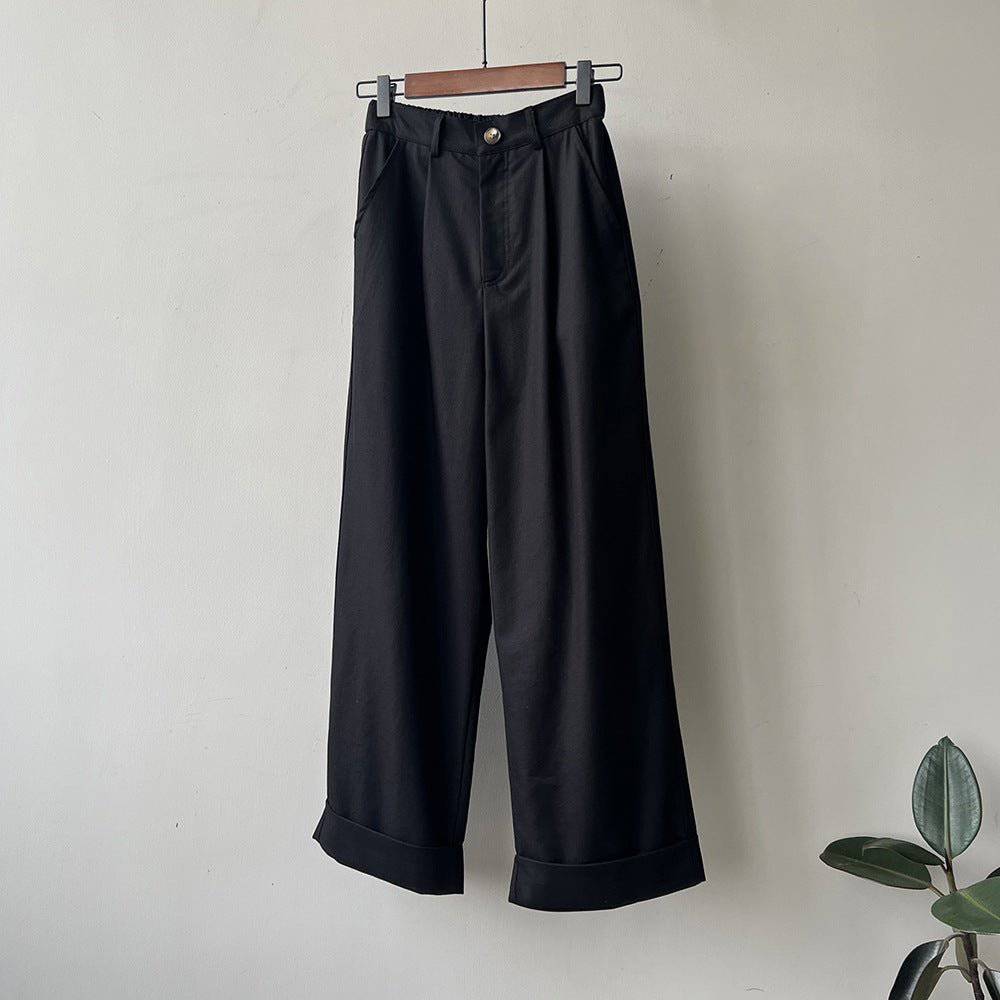 Autumn Tencel Cotton High Waist Wide Leg Casual Pants for Women  M Black 