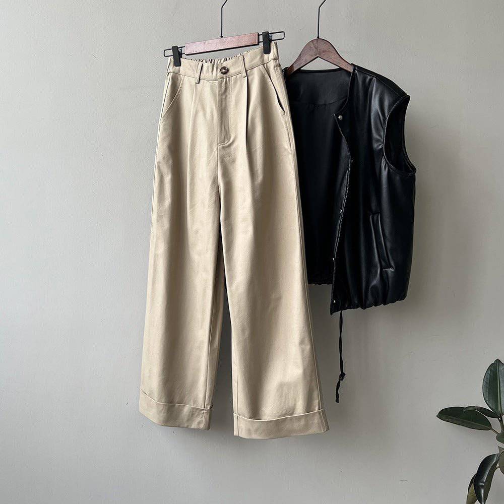 Autumn Tencel Cotton High Waist Wide Leg Casual Pants for Women  M Khaki 