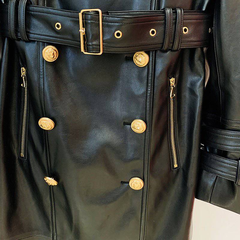 Autumn Winter Double Breasted Belted Faux Leather Trench Coat with Stars    