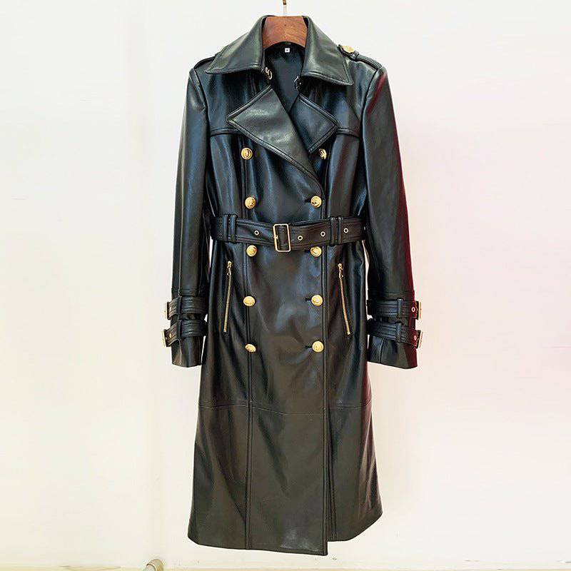 Autumn Winter Double Breasted Belted Faux Leather Trench Coat with Stars  S Black 