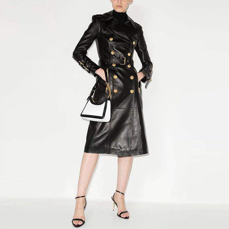 Autumn Winter Double Breasted Belted Faux Leather Trench Coat with Stars    