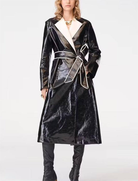 Autumn Winter Faux Leather Color Block Trench Coat with Belt and Pockets    