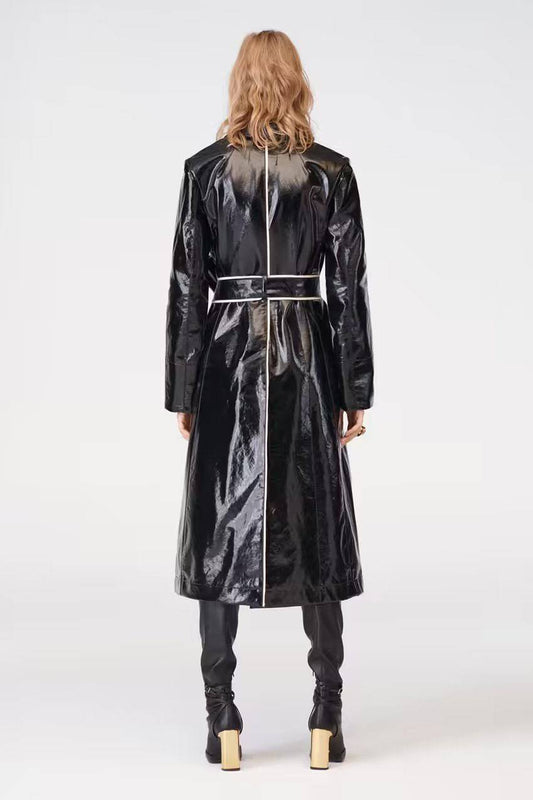 Autumn Winter Faux Leather Color Block Trench Coat with Belt and Pockets    