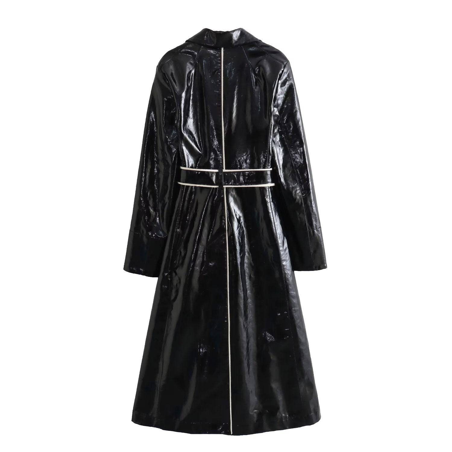 Autumn Winter Faux Leather Color Block Trench Coat with Belt and Pockets    
