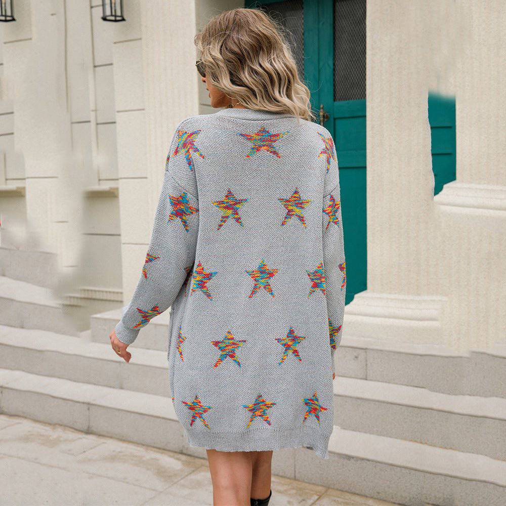 Autumn Winter Long Sleeves Knitted Cardigan with Five-Pointed Star Print    