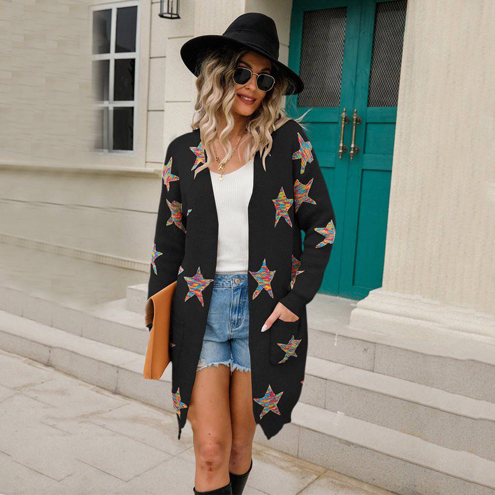 Autumn Winter Long Sleeves Knitted Cardigan with Five-Pointed Star Print    