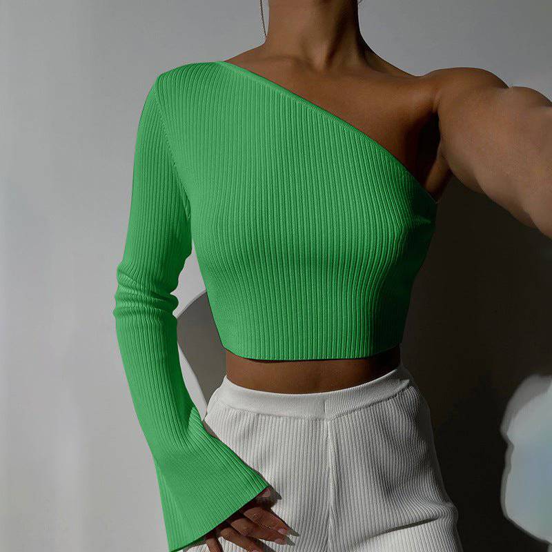 Autumn Winter One-Shoulder Backless Long Sleeve Top  S Green 