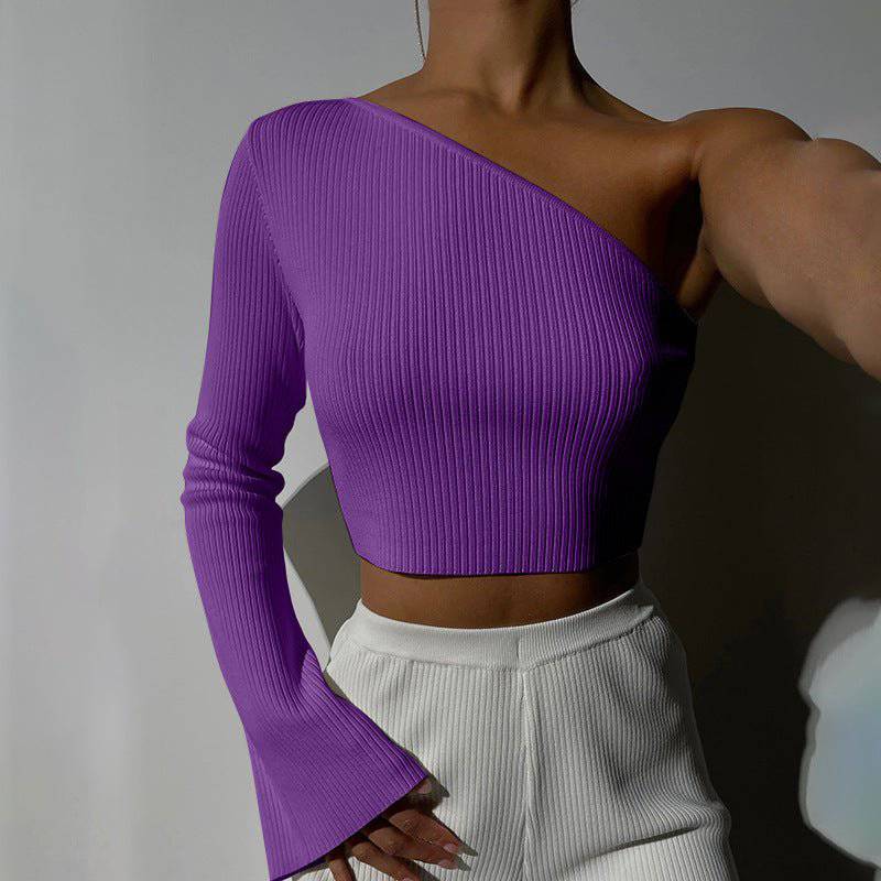 Autumn Winter One-Shoulder Backless Long Sleeve Top  S Purple 