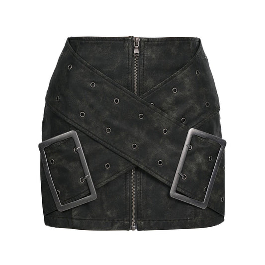 Autumn Winter Personalized Oversized Metal Buckle Cross Vintage Washed Faux Leather Skirt    