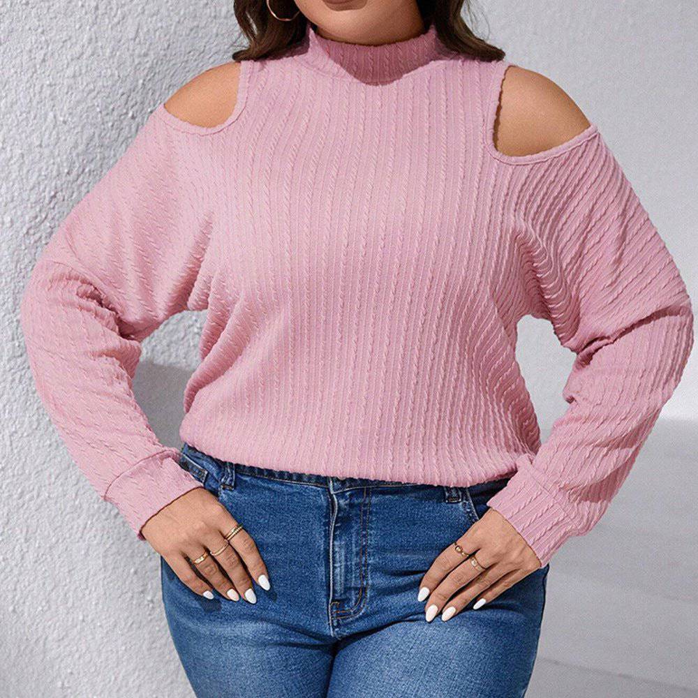 Pink Knitted Turtleneck Off the Shoulder Top for Women - Plus Size Off the Shoulder Tops