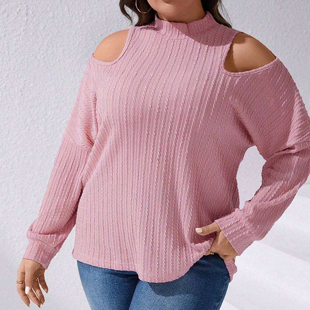 Pink Knitted Turtleneck Off the Shoulder Top for Women - Plus Size Off the Shoulder Tops