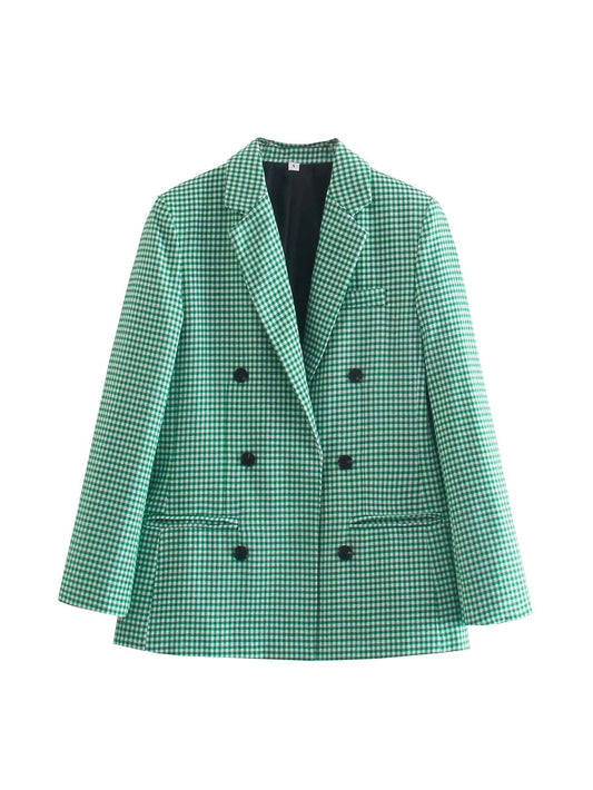 Autumn Winter Vintage Plaid Blazer with Padded Shoulders for Women    