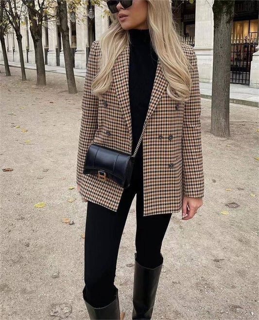 Autumn Winter Vintage Plaid Blazer with Padded Shoulders for Women    
