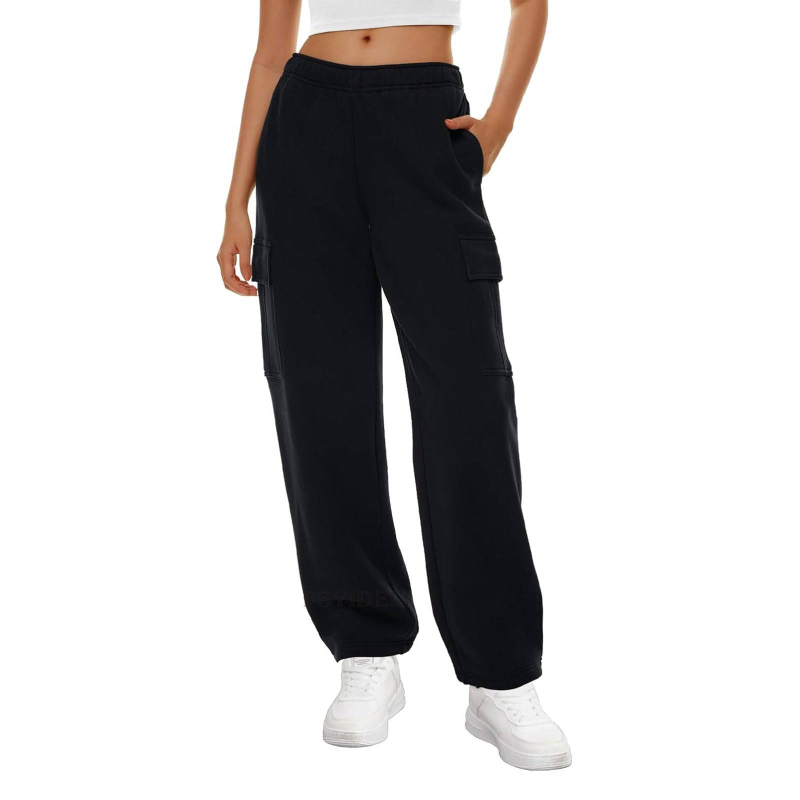 Autumn Winter Women Wide Leg Sweatpants with Elastic Waist and Pockets  S Black 