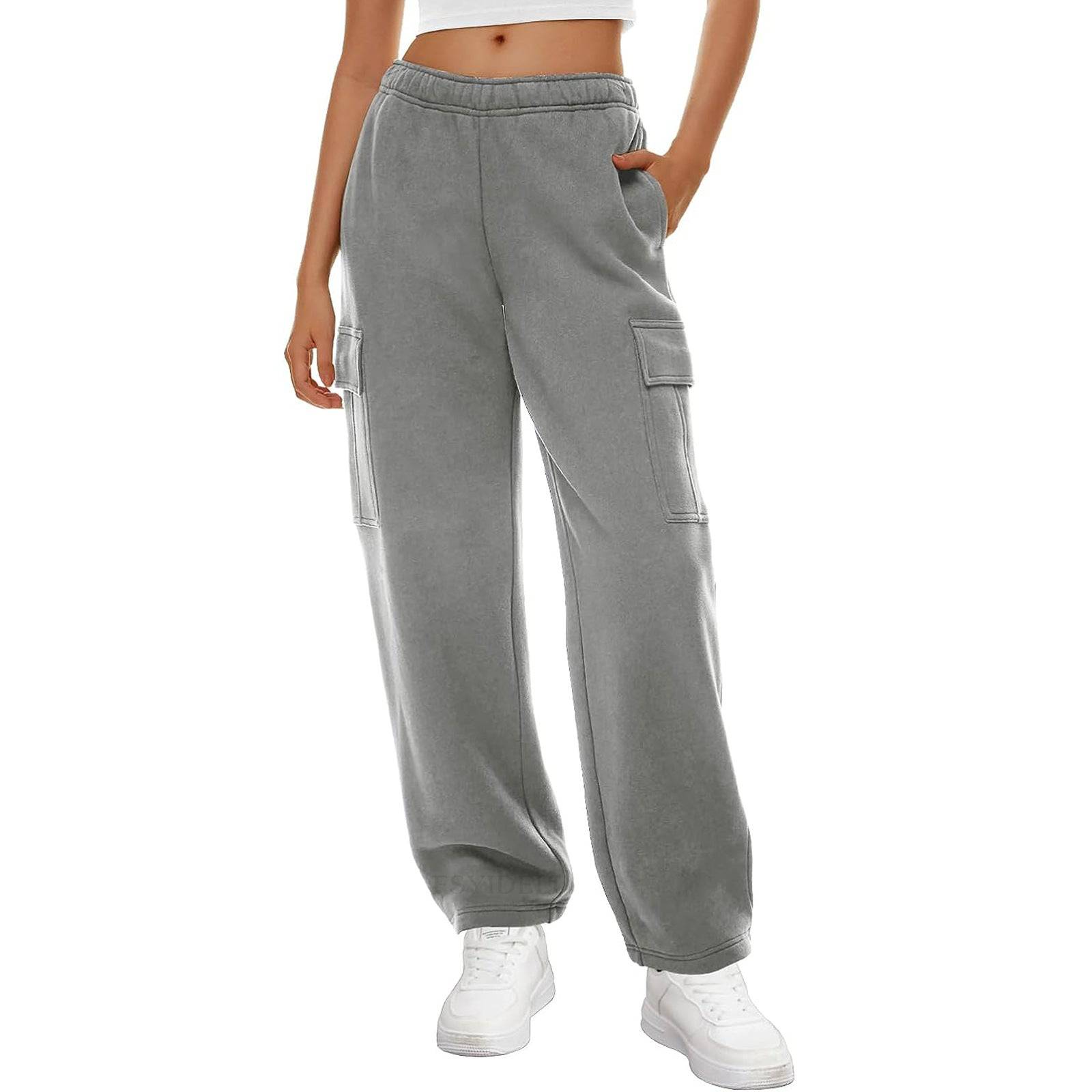 Autumn Winter Women Wide Leg Sweatpants with Elastic Waist and Pockets  S Gray 