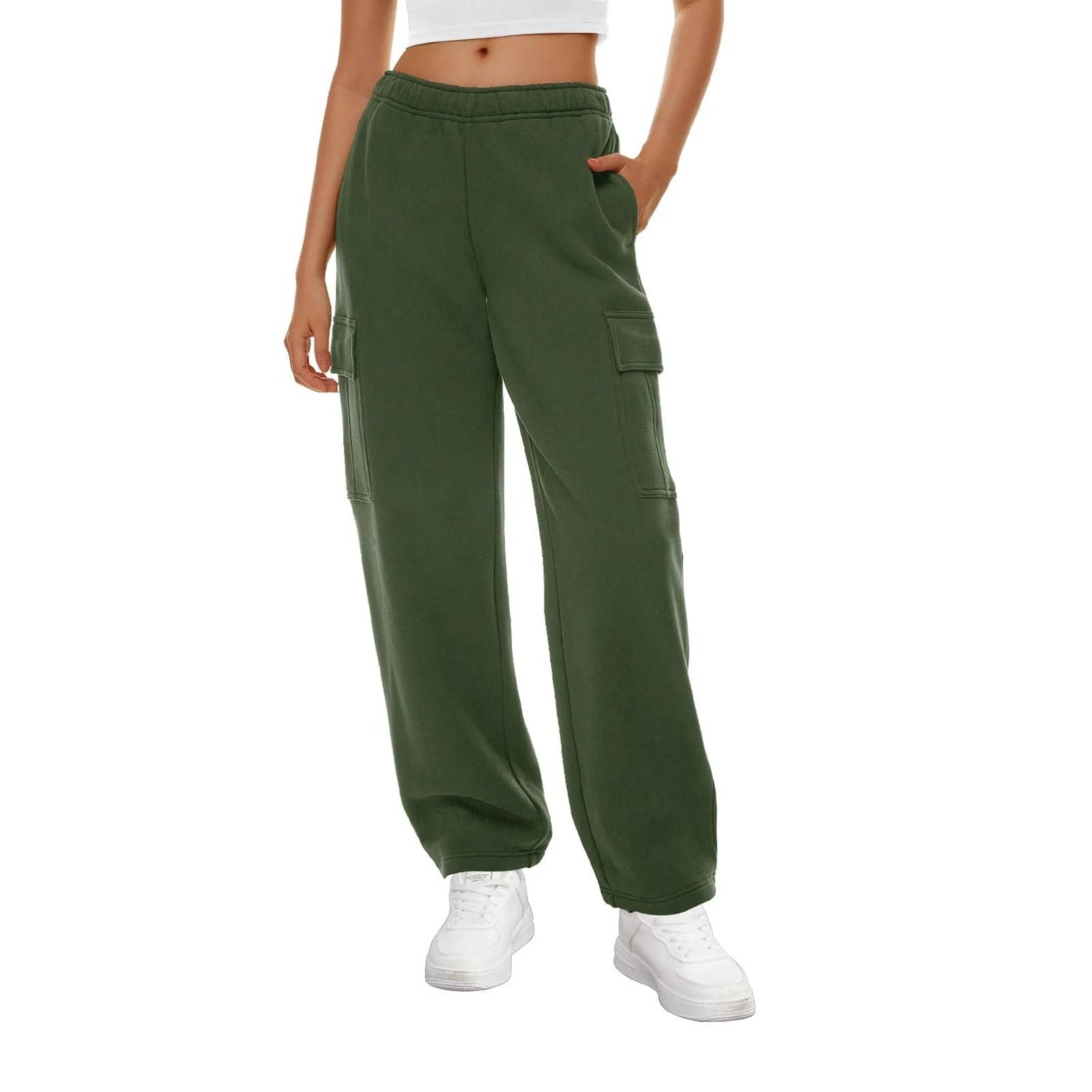 Autumn Winter Women Wide Leg Sweatpants with Elastic Waist and Pockets  S Green 