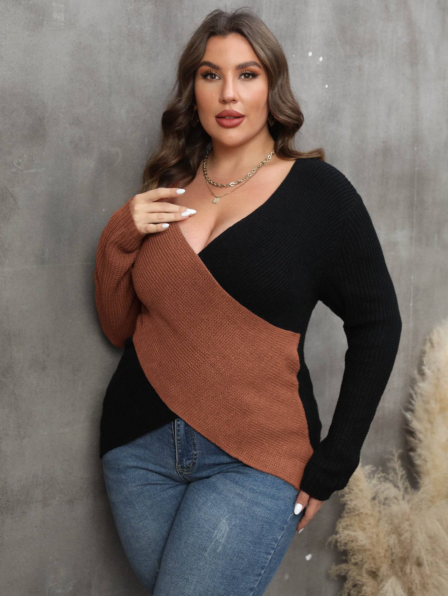 Brown Color Block Patchwork Deep V-Plunge Women's Sweater for Autumn Winter