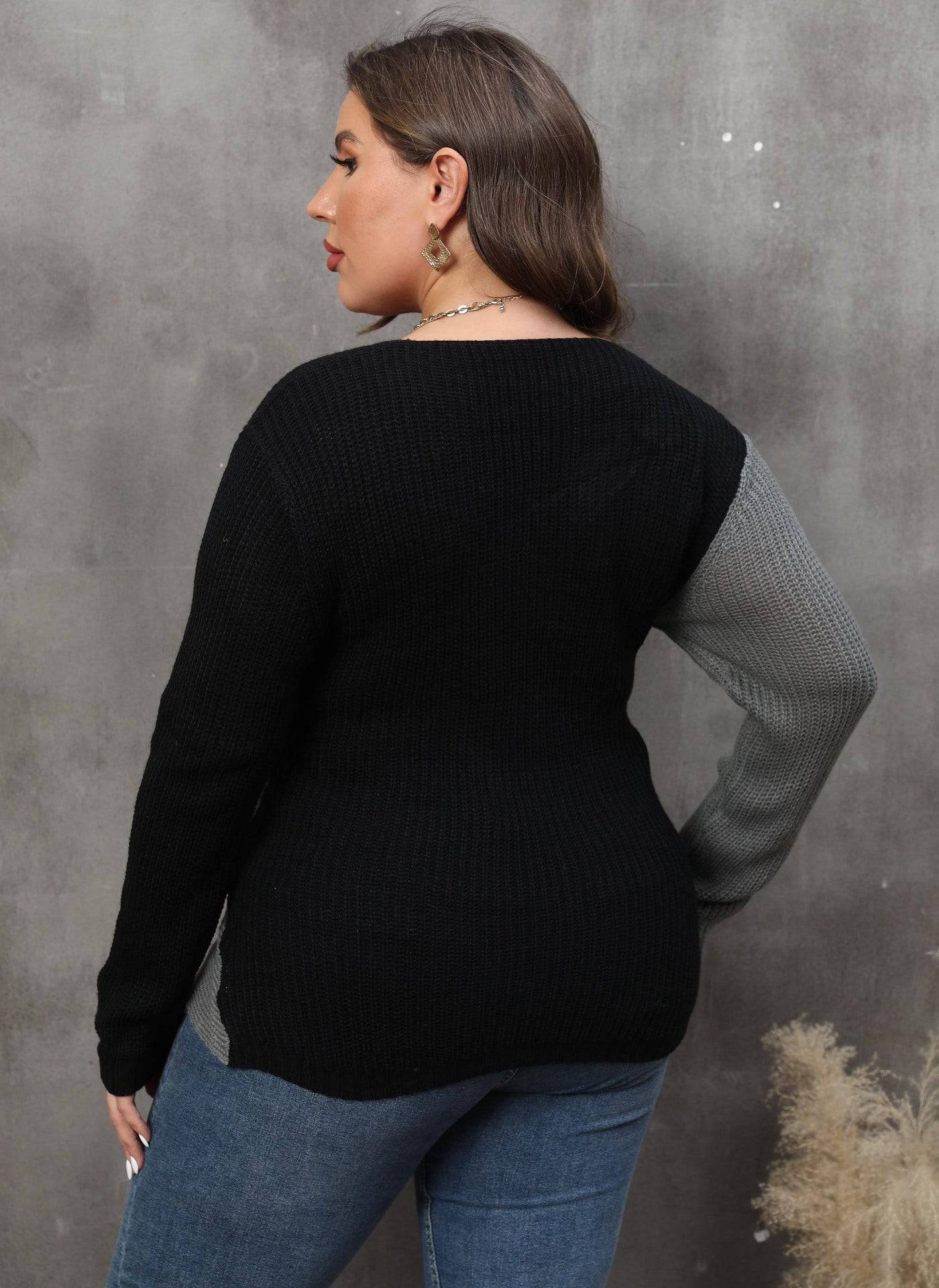 Gray Color Block Patchwork Deep V-Plunge Women's Sweater for Autumn Winter