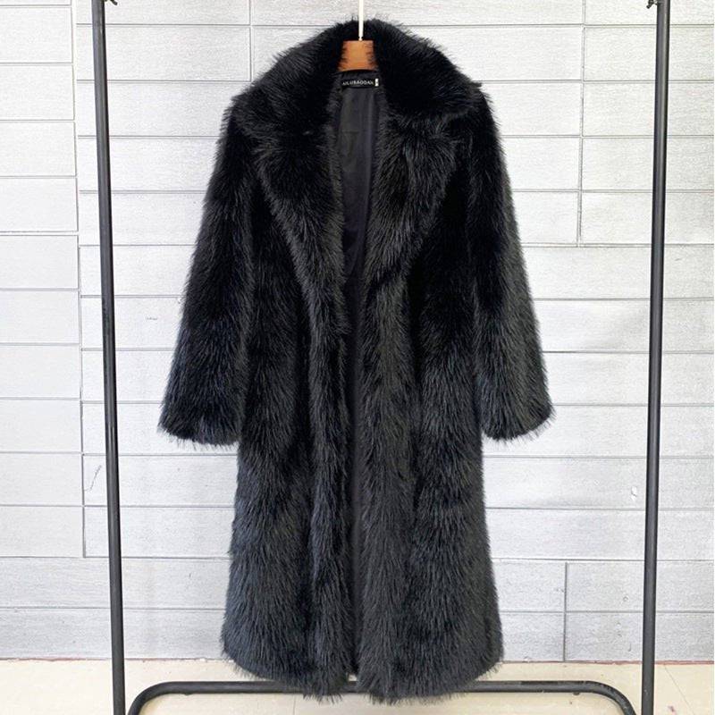 Autumn Winter Women's Long Faux Fur Collar Coat  S Black 