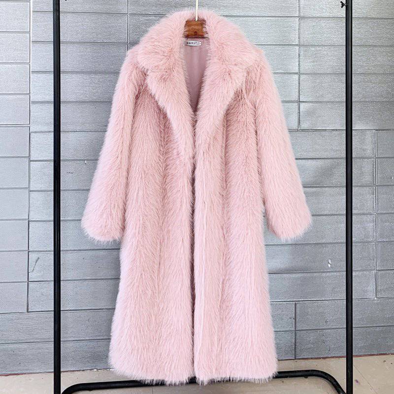 Autumn Winter Women's Long Faux Fur Collar Coat  S Pink 