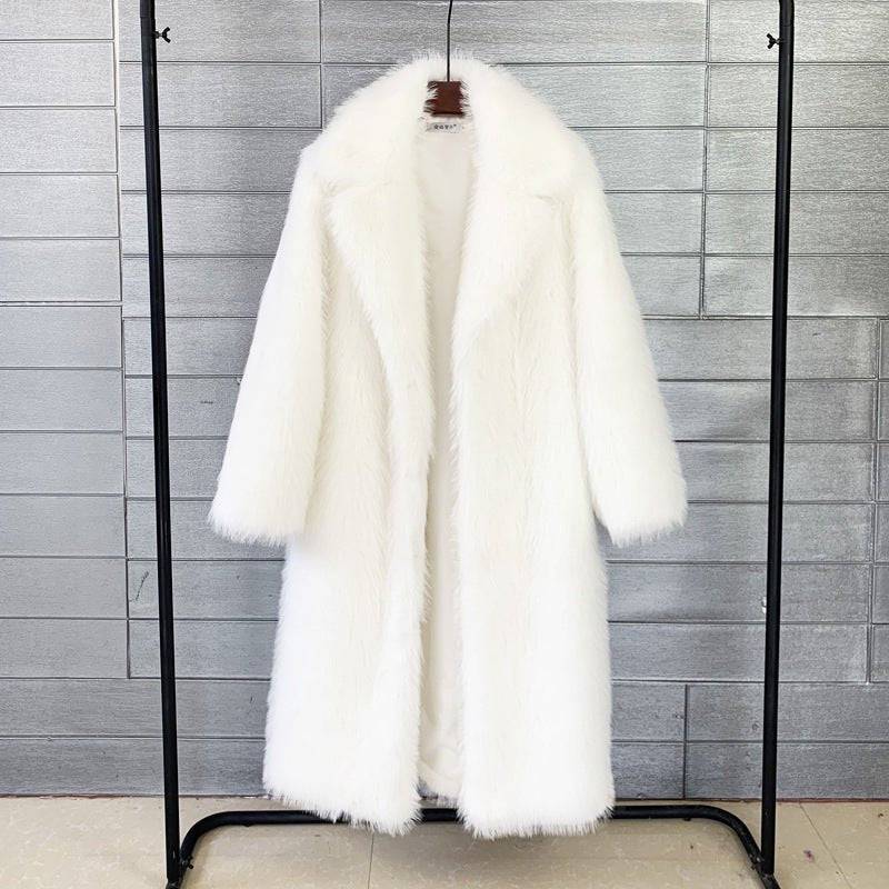 Autumn Winter Women's Long Faux Fur Collar Coat  S White 