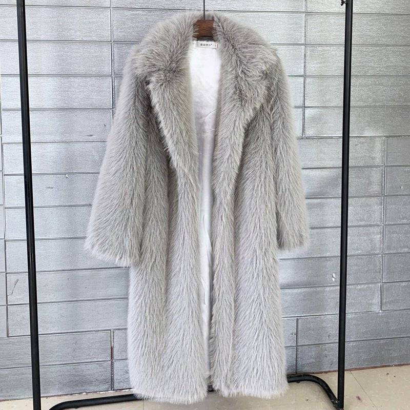 Autumn Winter Women's Long Faux Fur Collar Coat  S Gray 