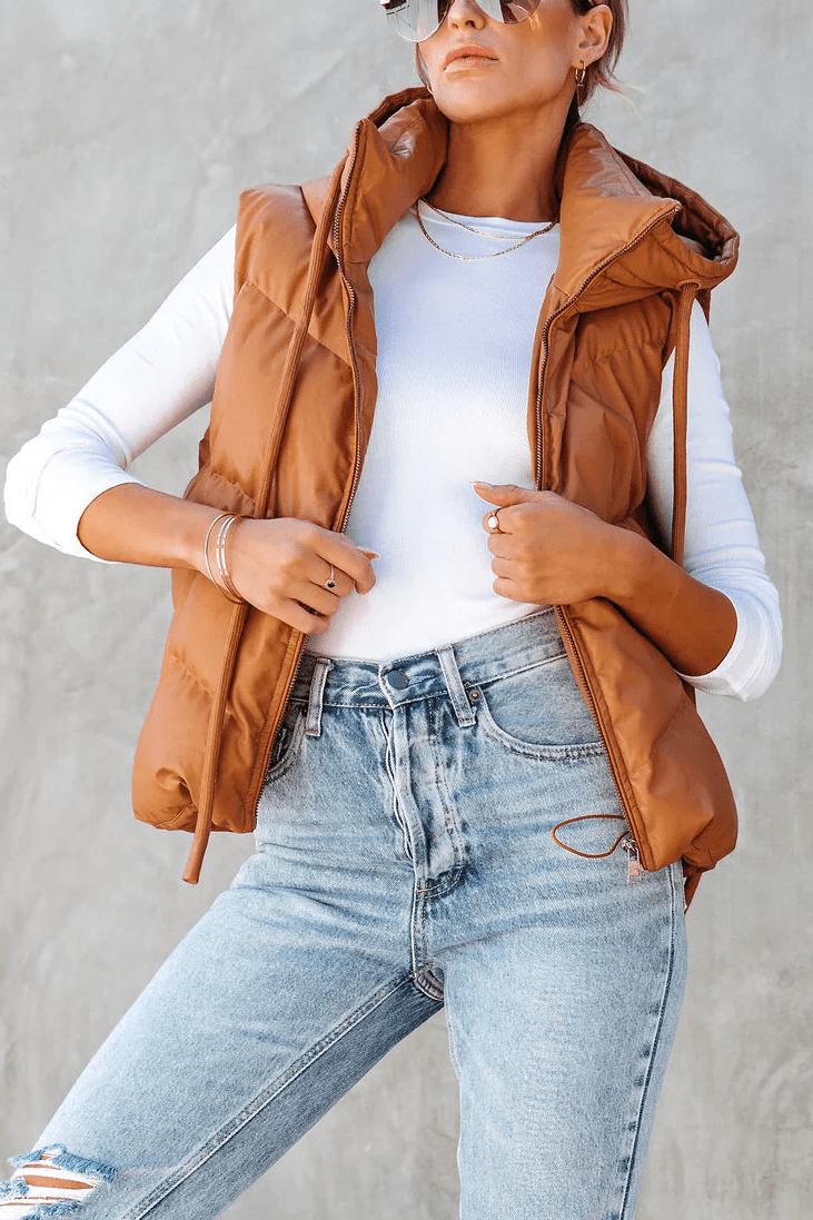 Autumn Winter Women's Sleeveless Hooded Down Vest with Double Pockets  S camel 