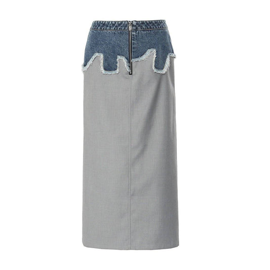Autumn Women's Color Block Denim Pencil Skirt with Patchwork Detail  M Gray 