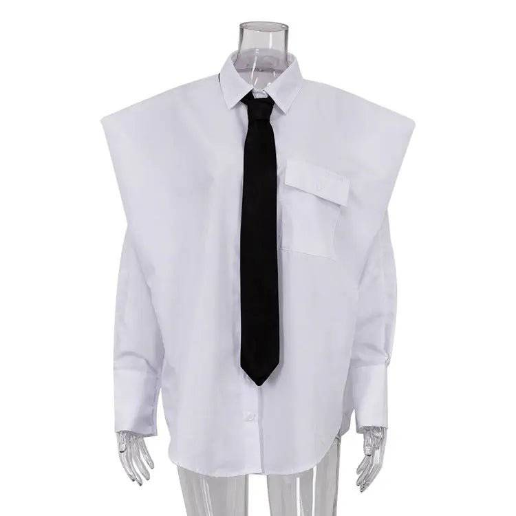 Autumn Women's Loose Long-Sleeved Collared Shirt with Niche Tie Detail  S White 