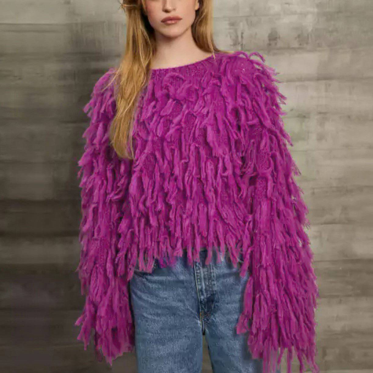 Autumn/Winter Fringe Tassel Sweater for Women  S Purple 