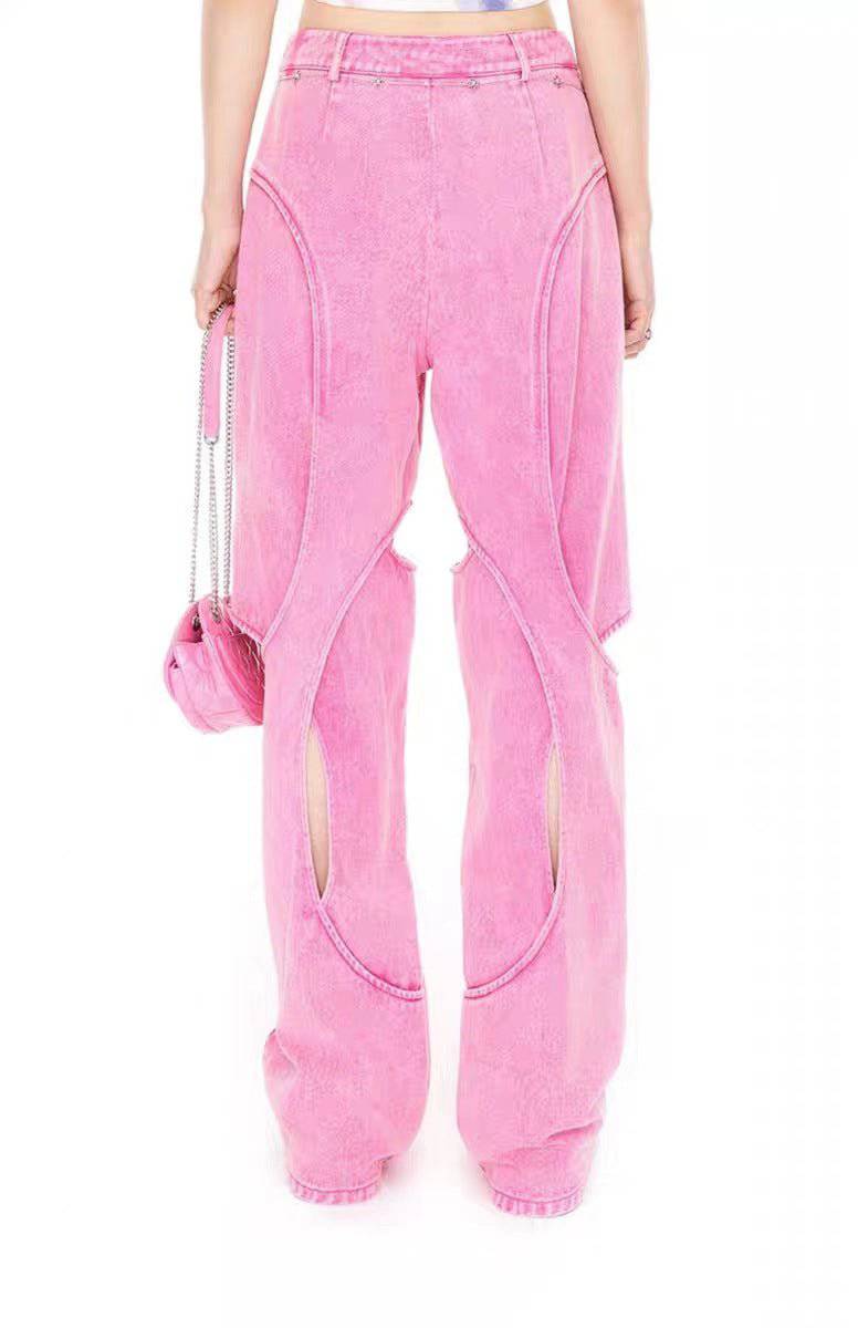 Barbie Pink Edgy Hollow Out Denim Wide Leg Pants    