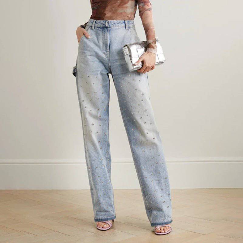 Beaded High-Rise Denim Trousers for Autumn Comfort  S Blue 