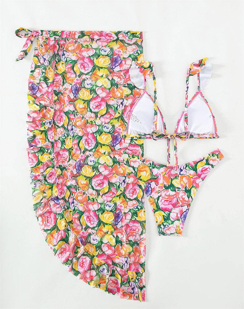 Big Floral Skirt Three Piece Swimsuit with Bikini    