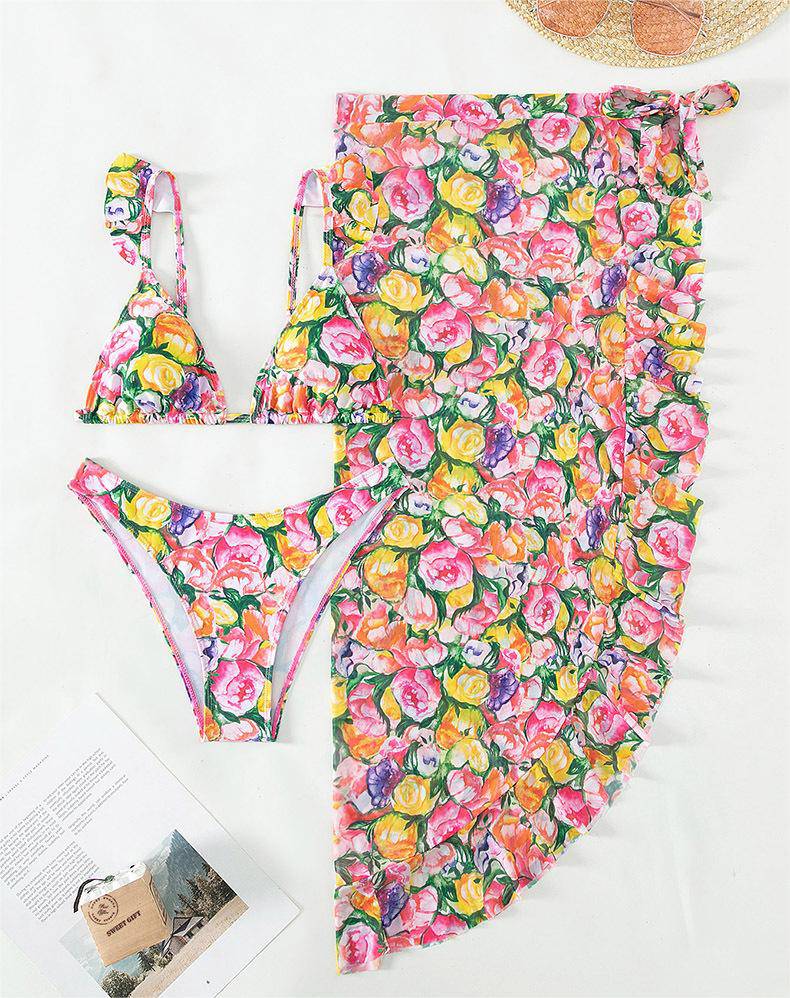 Big Floral Skirt Three Piece Swimsuit with Bikini    