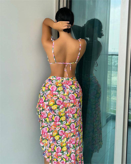 Big Floral Skirt Three Piece Swimsuit with Bikini    