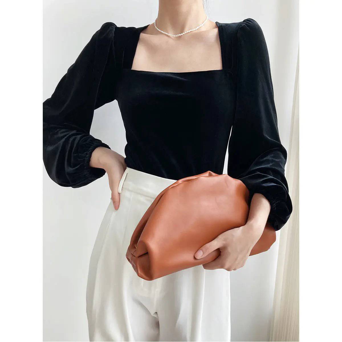 Black Velvet Off-Shoulder Puff Sleeve Shirt for Women  M Black 