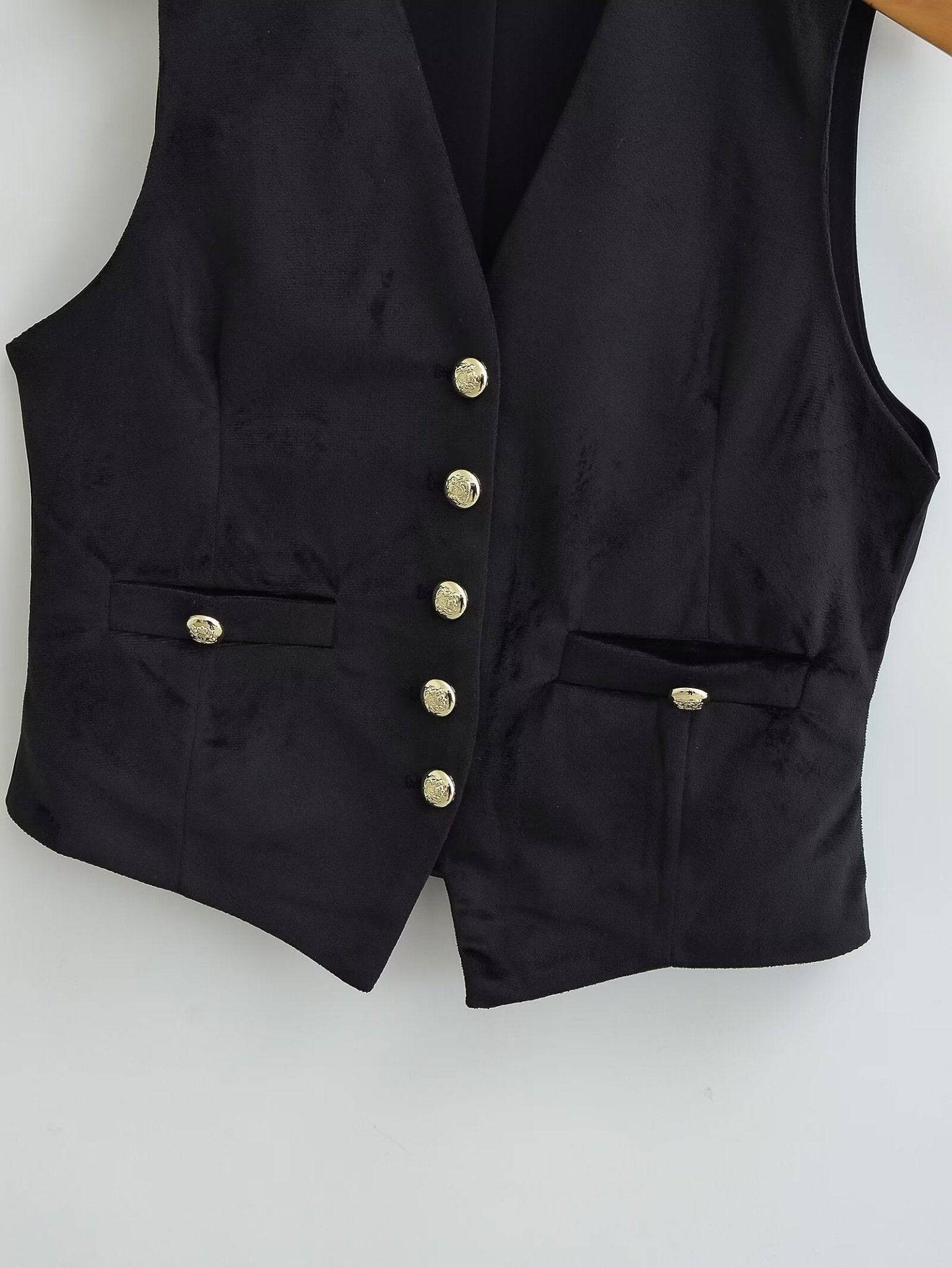 Black Velvet V-Neck Vest Jacket for Women    