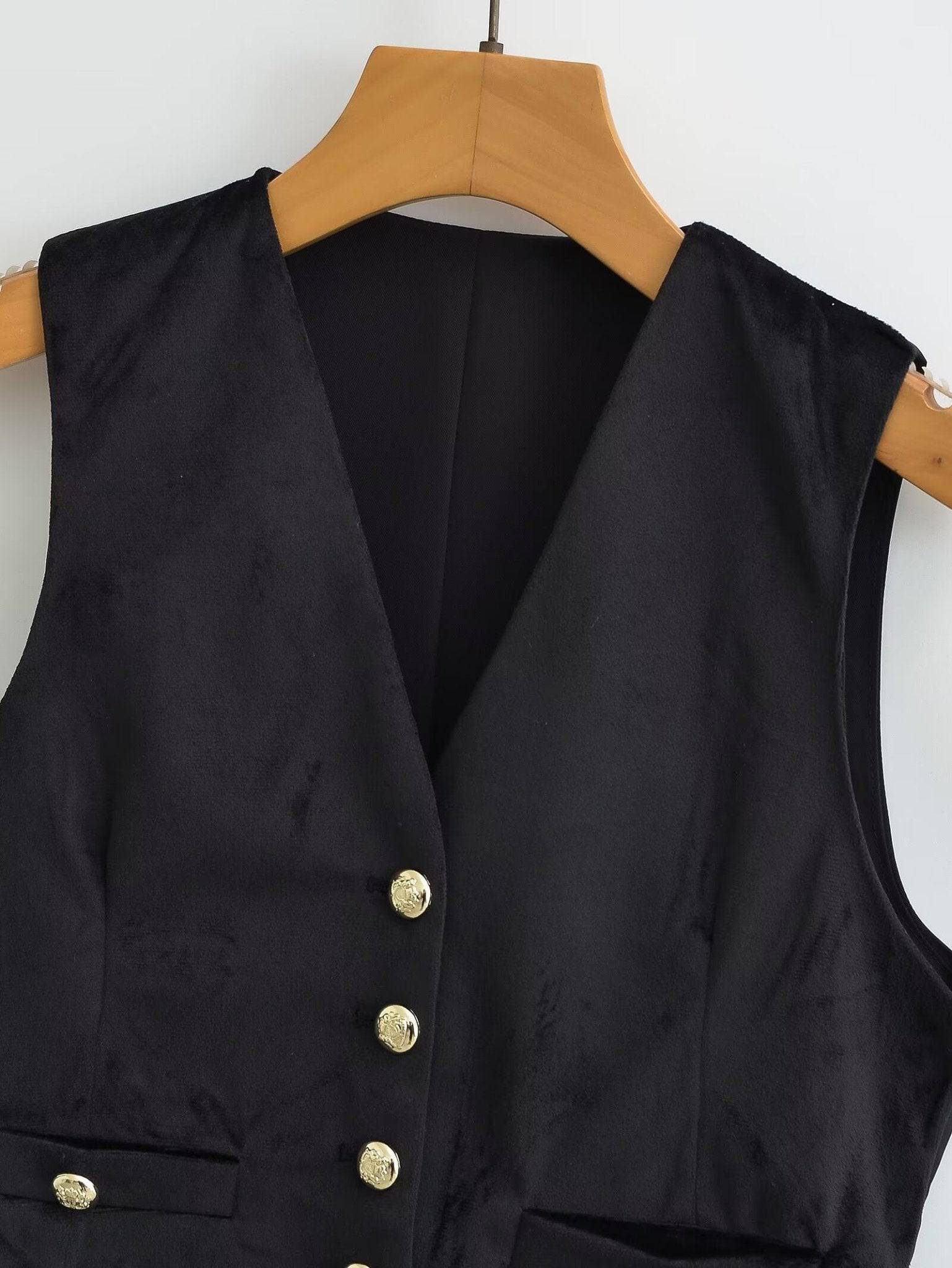 Black Velvet V-Neck Vest Jacket for Women    