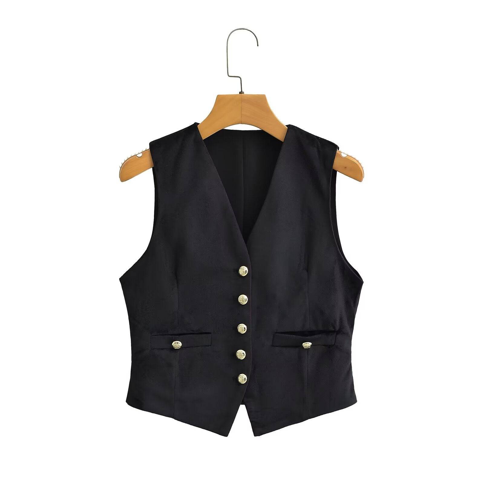 Black Velvet V-Neck Vest Jacket for Women    