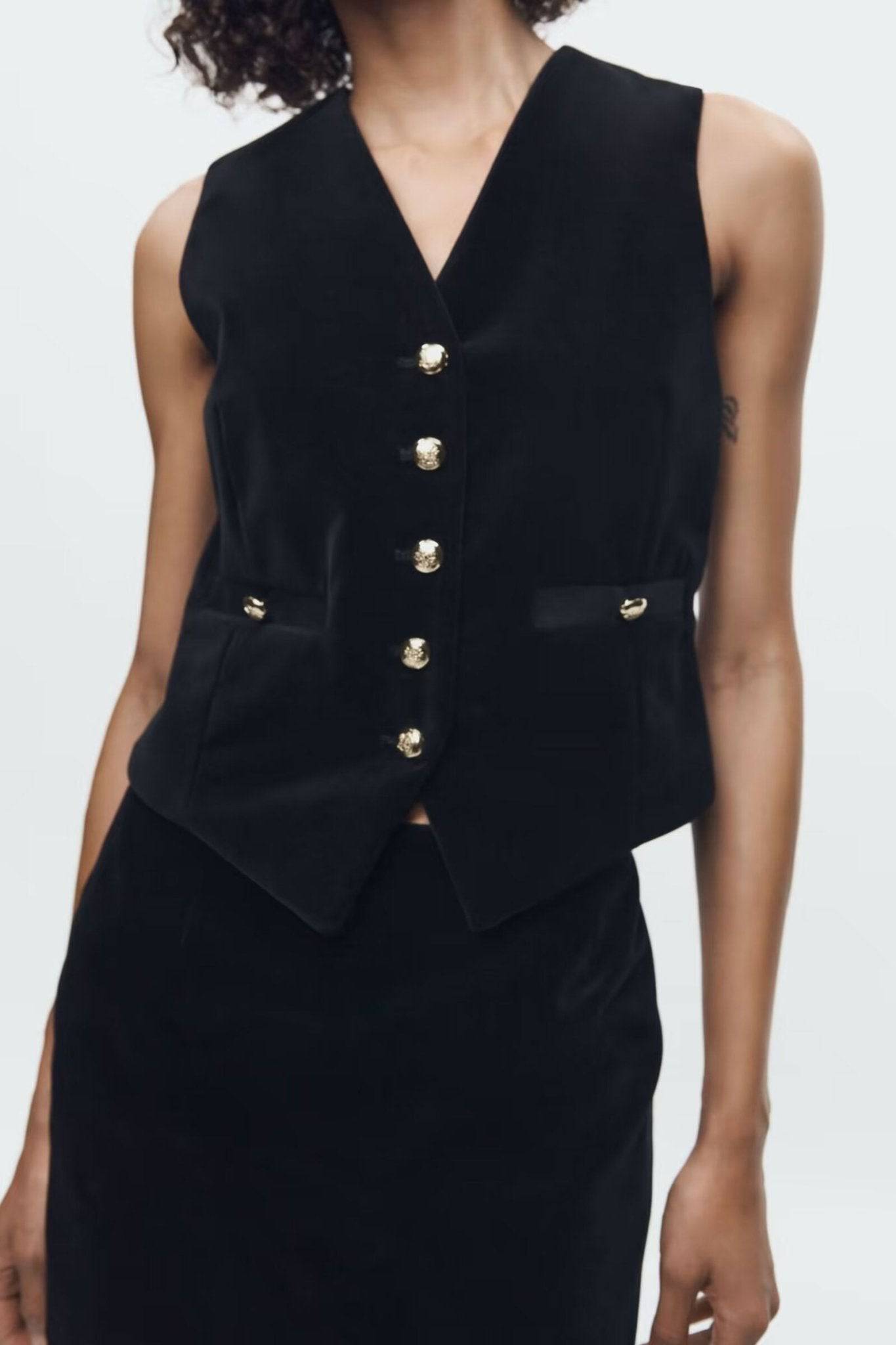 Black Velvet V-Neck Vest Jacket for Women    