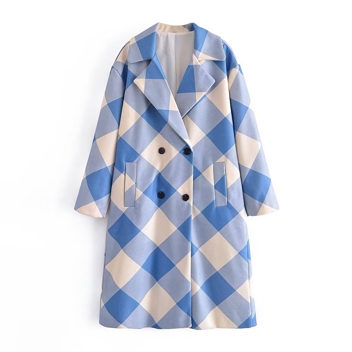 Blue Plaid Checkered Double Breasted Loose Fit Coat  S Blue 