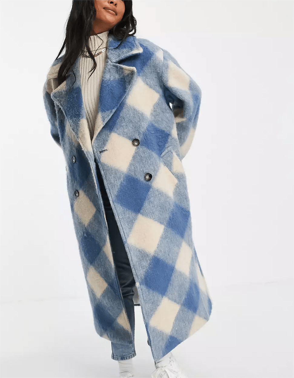 Blue Plaid Checkered Double Breasted Loose Fit Coat    