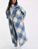 Blue Plaid Checkered Double Breasted Loose Fit Coat    